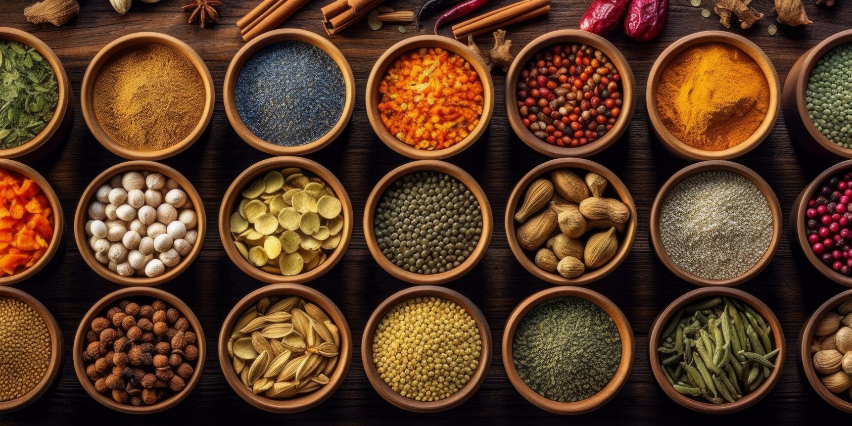 Top view of a colorful assortment of Indian food beautifully arranged on a table. The rich flavors and vibrant culinary culture of India. Generative AI