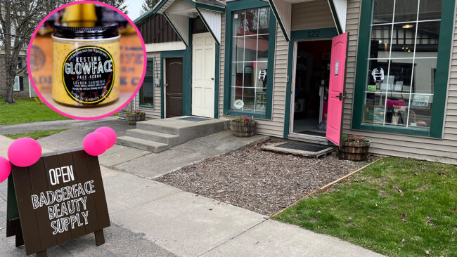 storefront with vibrant pink door and an open sign on the sidewalk with pink balloons, Inset picture shows facial scrub jar