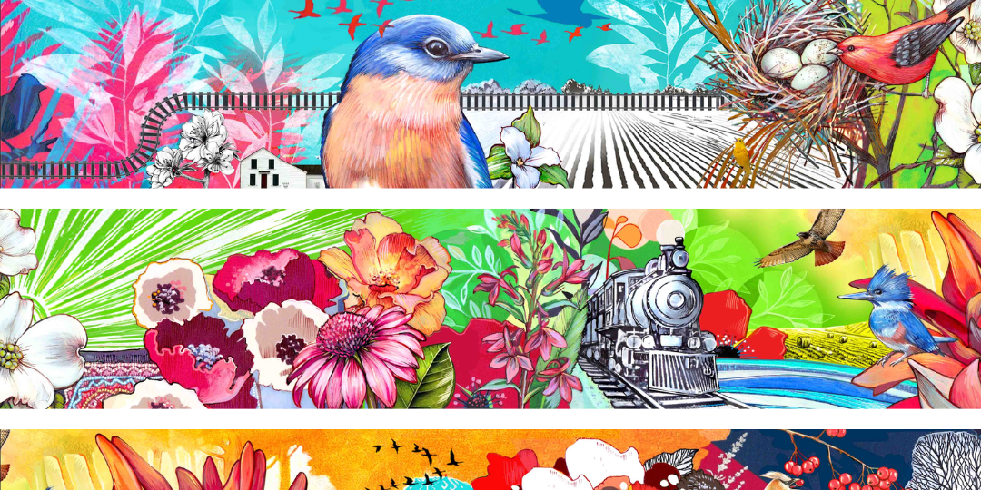 The Four Seasons of Oneonta mural design featuring local wildlife railroad history and Oneonta landmarks