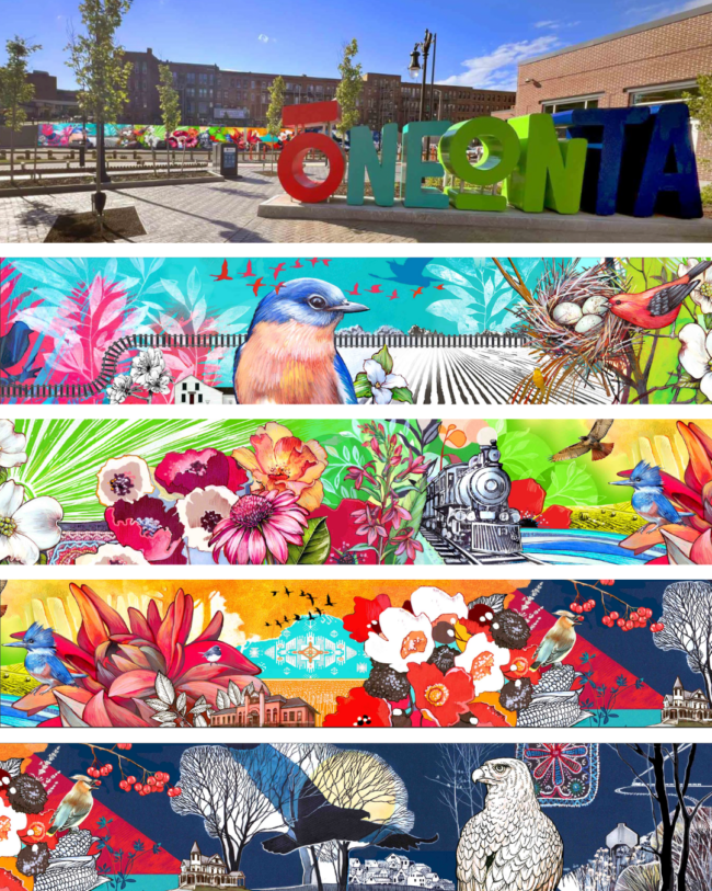 Yulia Avgustovich mural The Four Seasons of Oneonta mural design featuring local wildlife railroad history and Oneonta landmarks