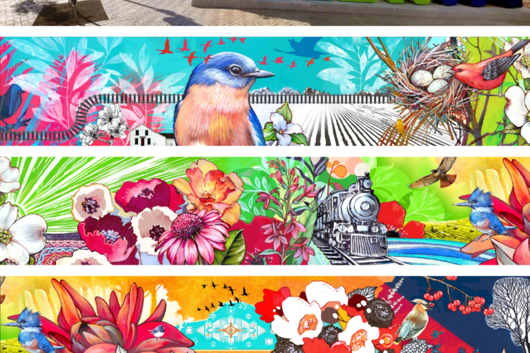 The Four Seasons of Oneonta mural design featuring local wildlife railroad history and Oneonta landmarks